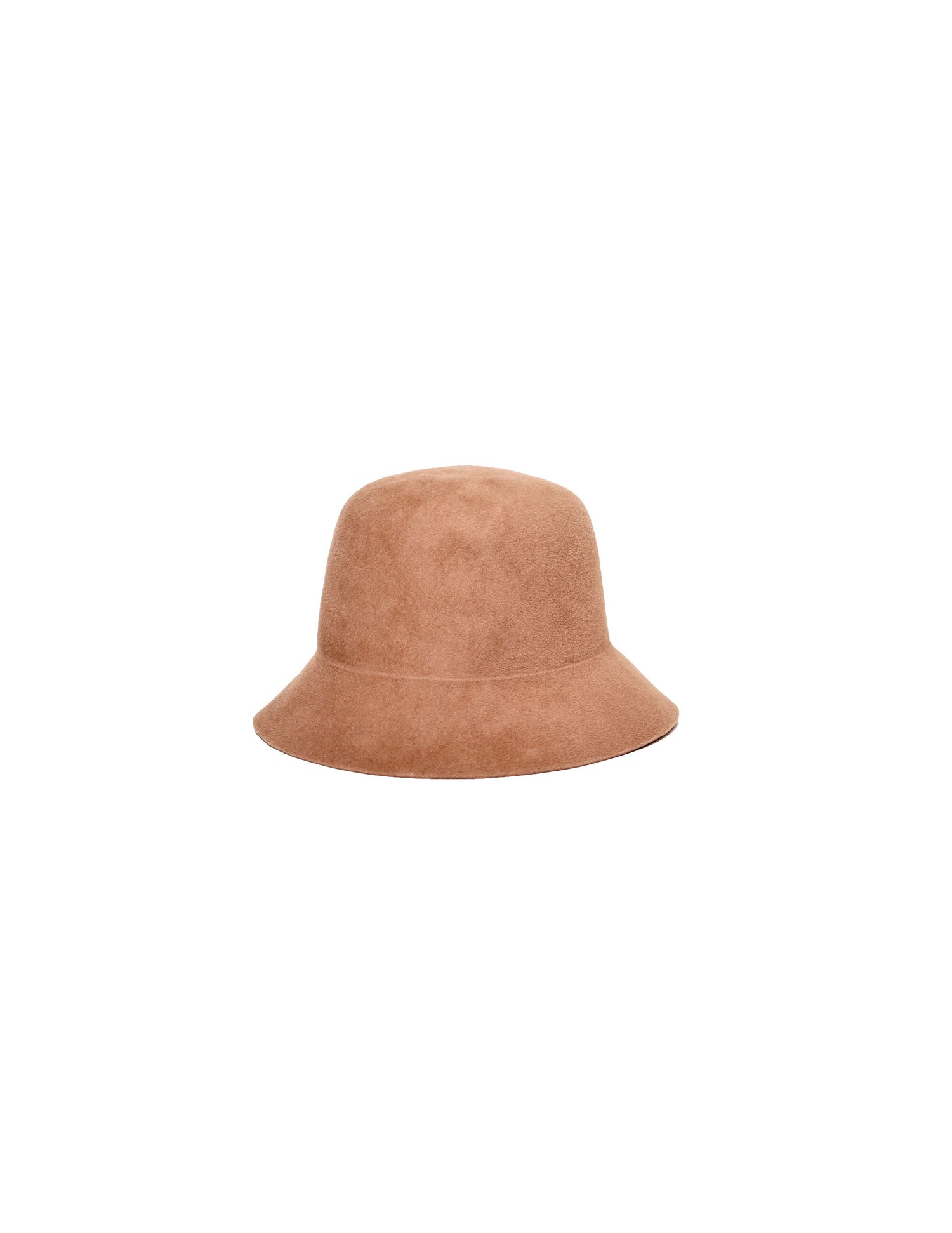A beige bucket hat with a flat crown and sloping brim made of high-quality wool felt on a white background.