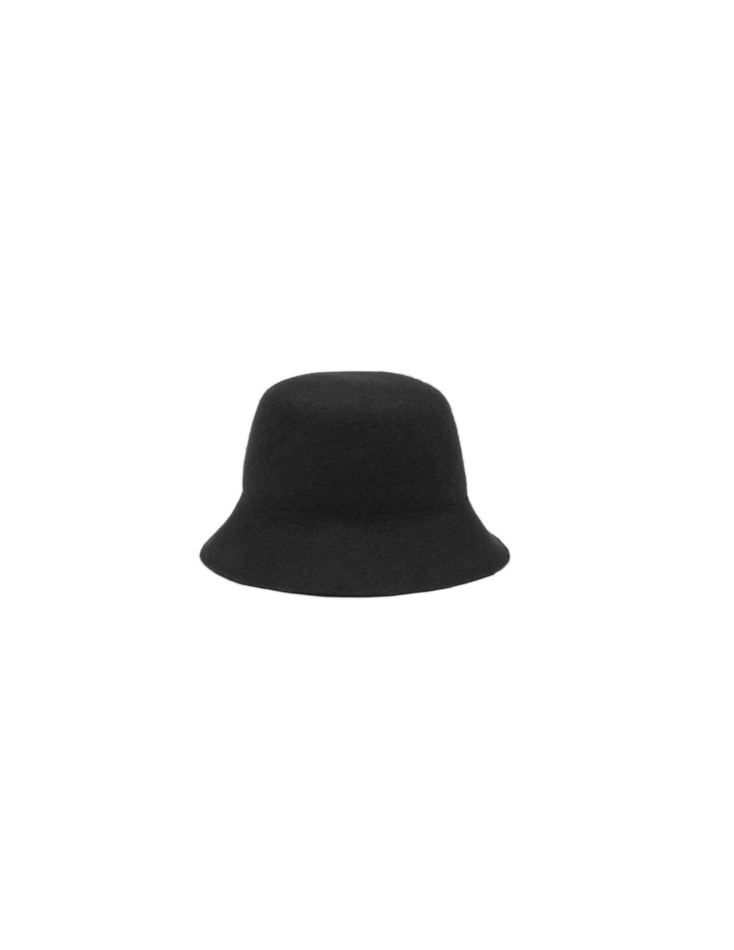 A black bucket hat with a flat crown and sloping brim.