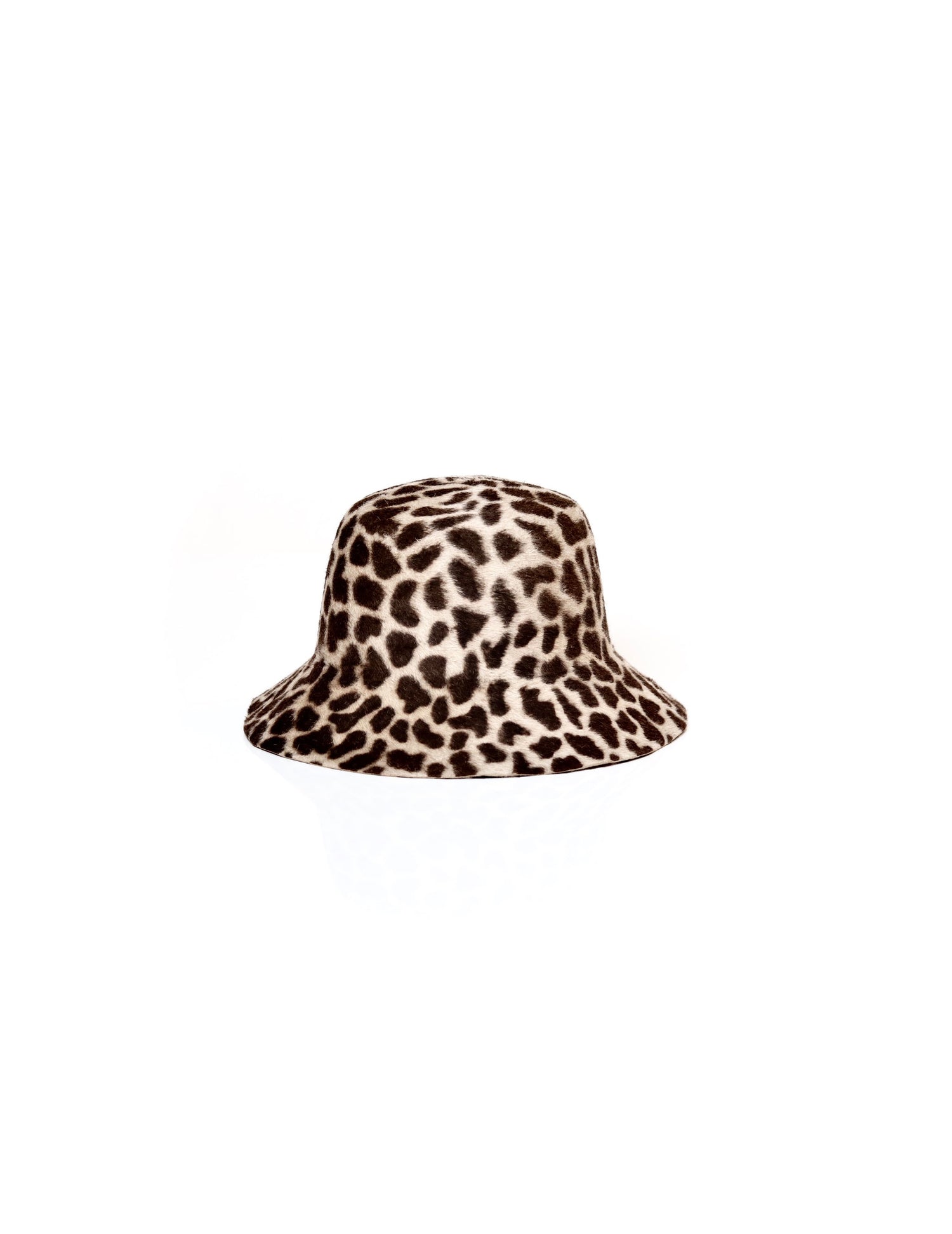 A leopard-print bucket hat with a flat crown and sloping brim.