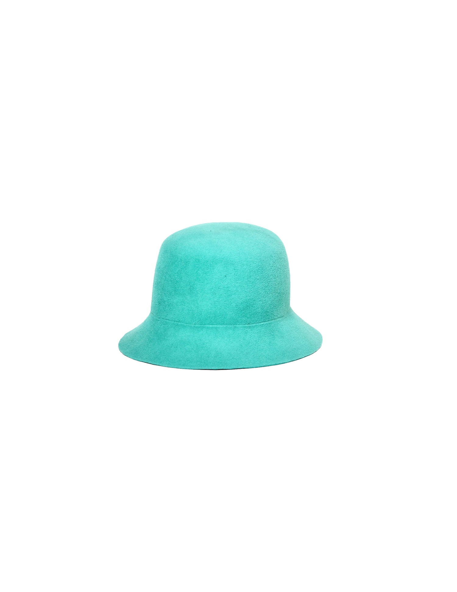 A mint green bucket hat with a flat crown and sloping brim on a white background.