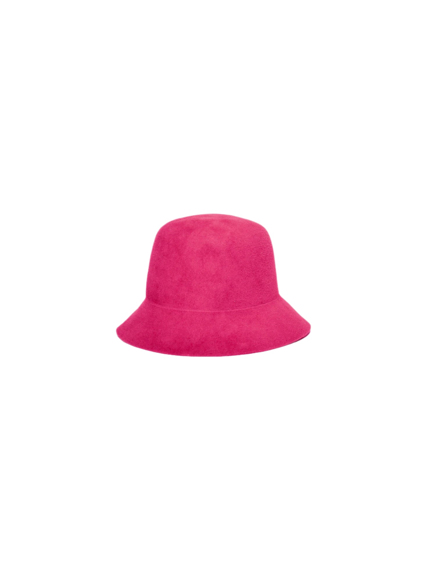 A pink bucket hat with a flat crown and sloping brim on a white background.