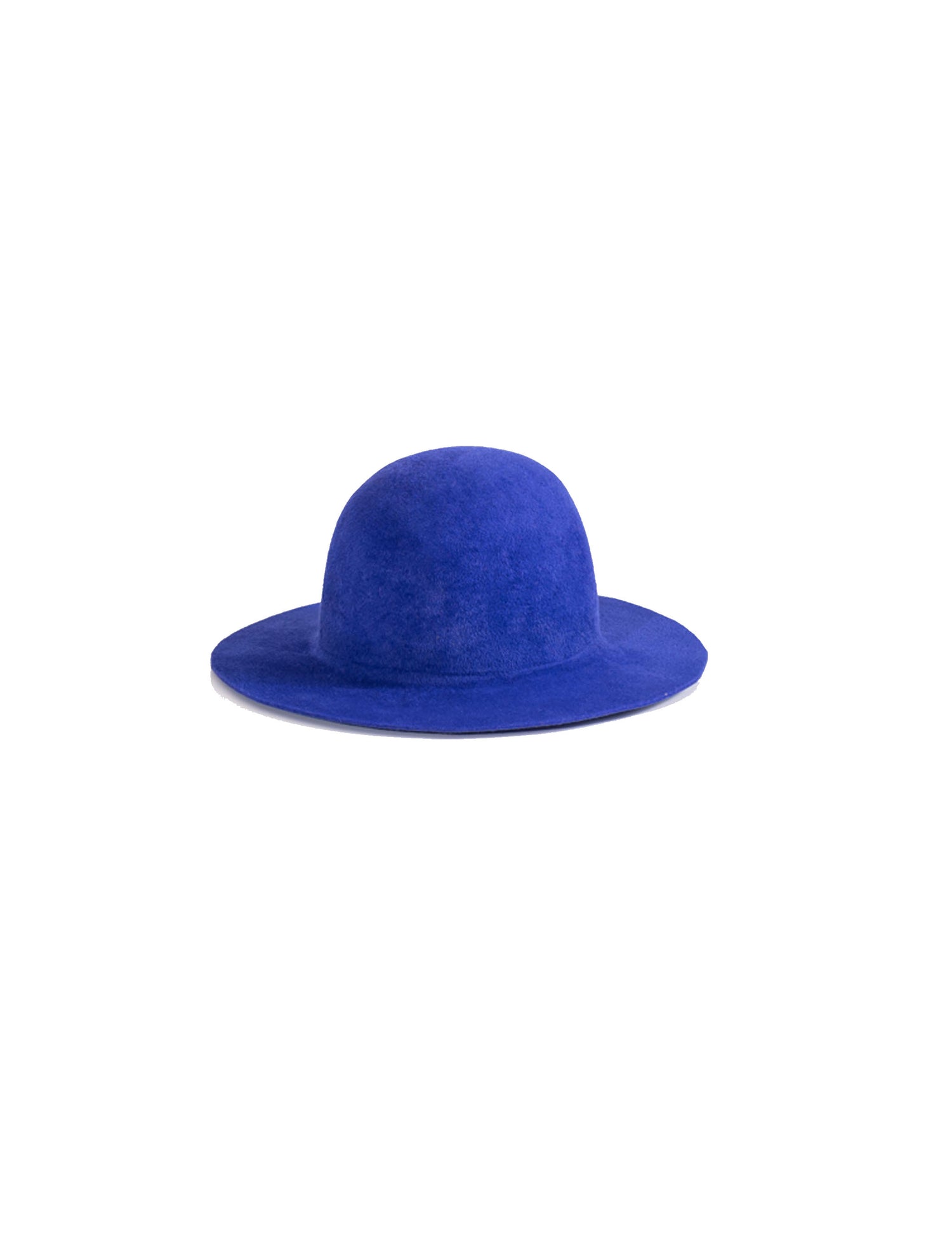 A flat-brimmed, electric blue felt hat with a round crown.