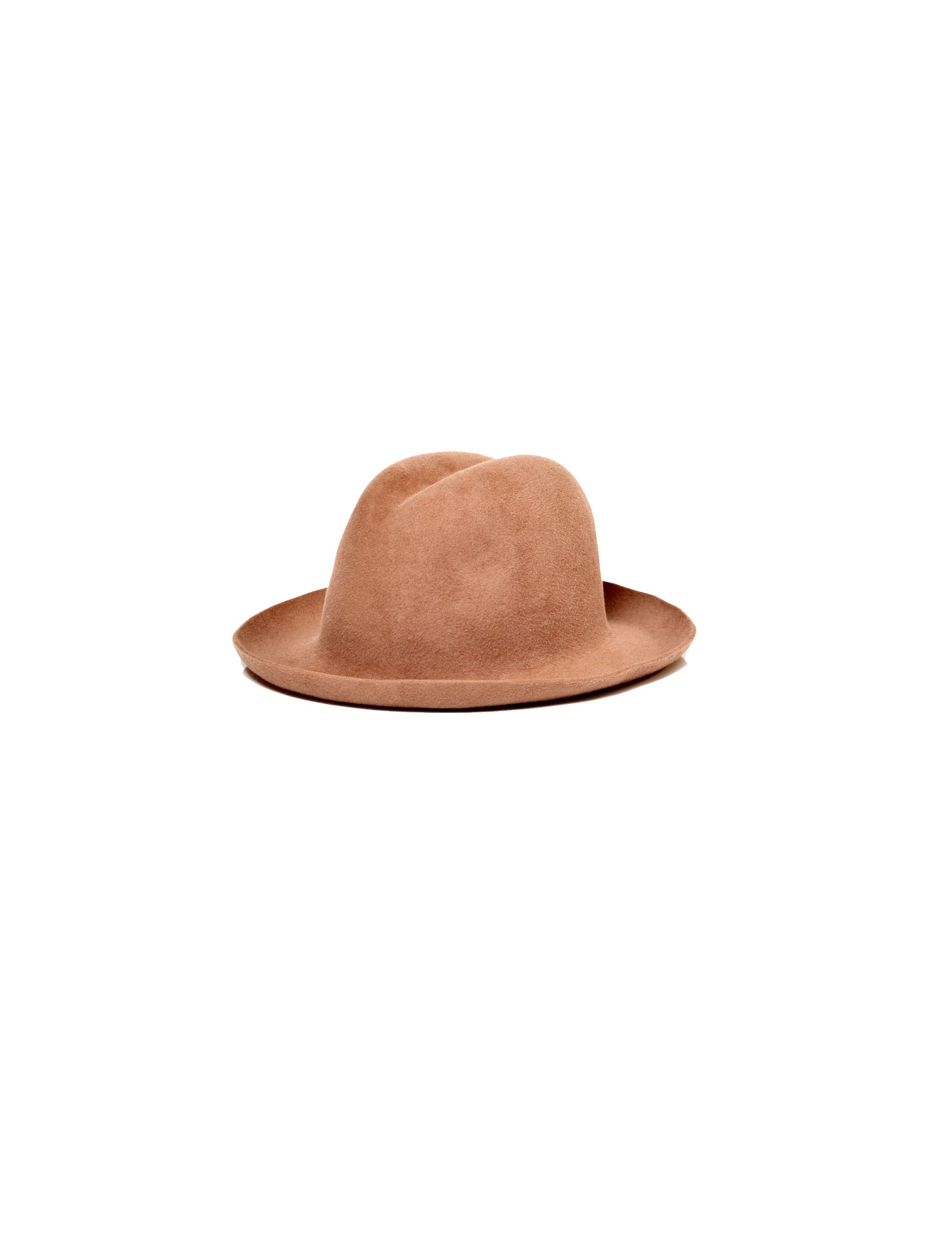 A beige fedora hat with a curved brim and a center-dent crown, displayed against a white background.