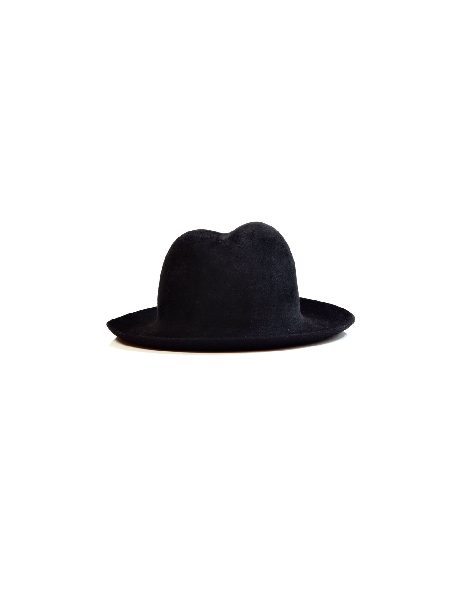 A black fedora hat with a curved brim and a center-dent crown, displayed against a white background.