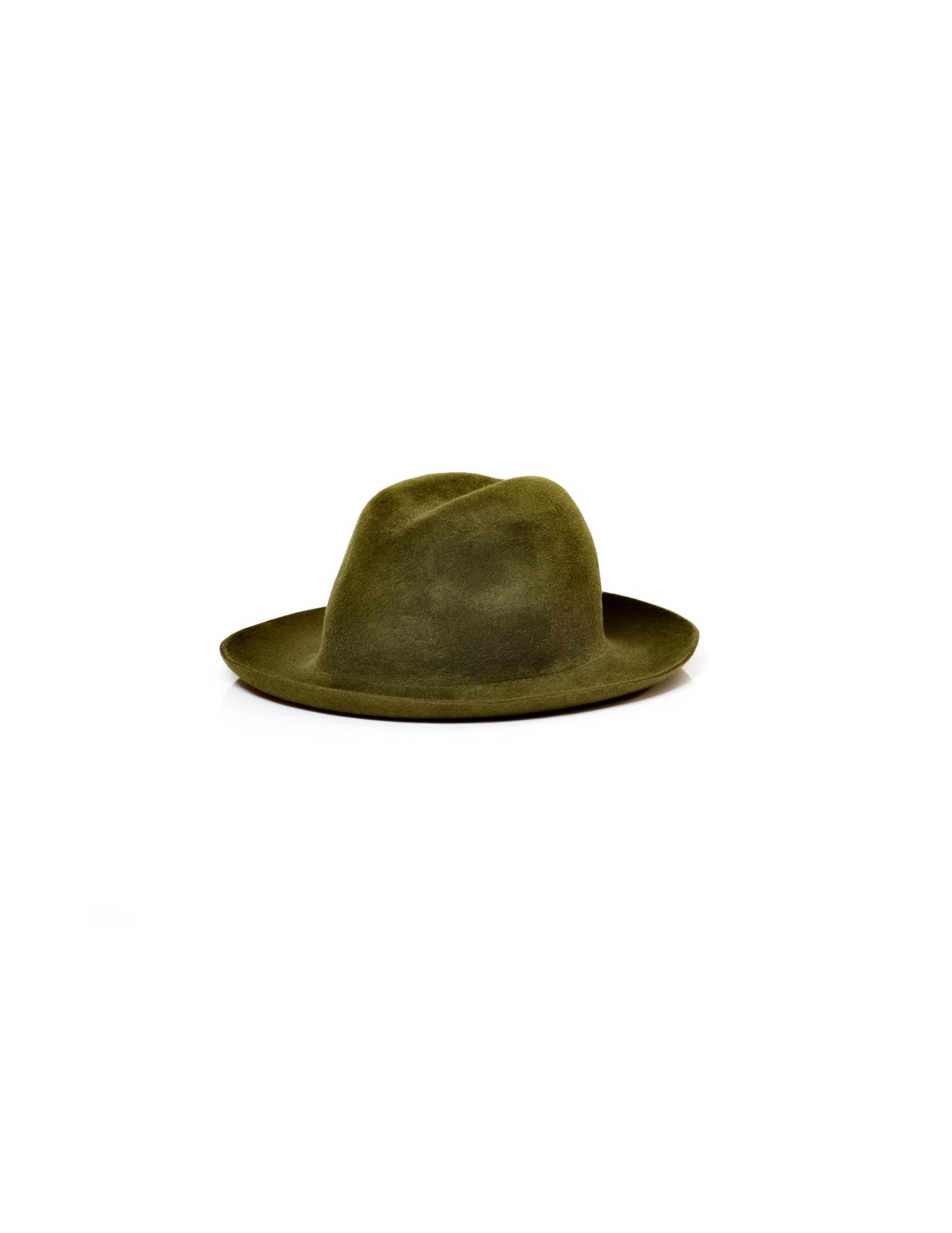 A green fedora hat with a curved brim and center-dent crown.