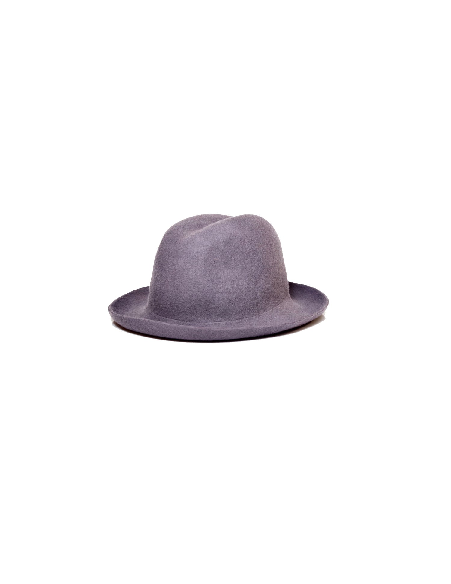 A gray fedora hat with a curved brim and center-dent crown, displayed against a white background.