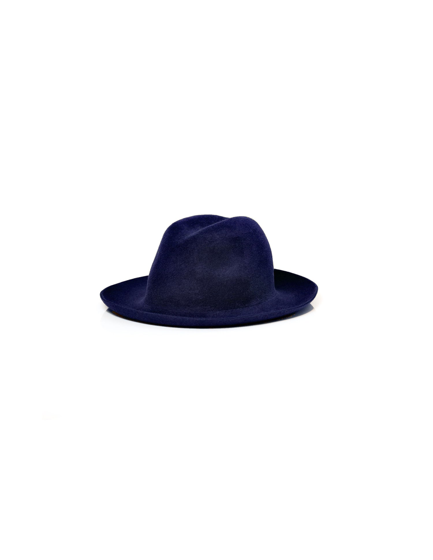 A navy blue wool fedora hat with a curved brim and asymmetric center-dent crown.