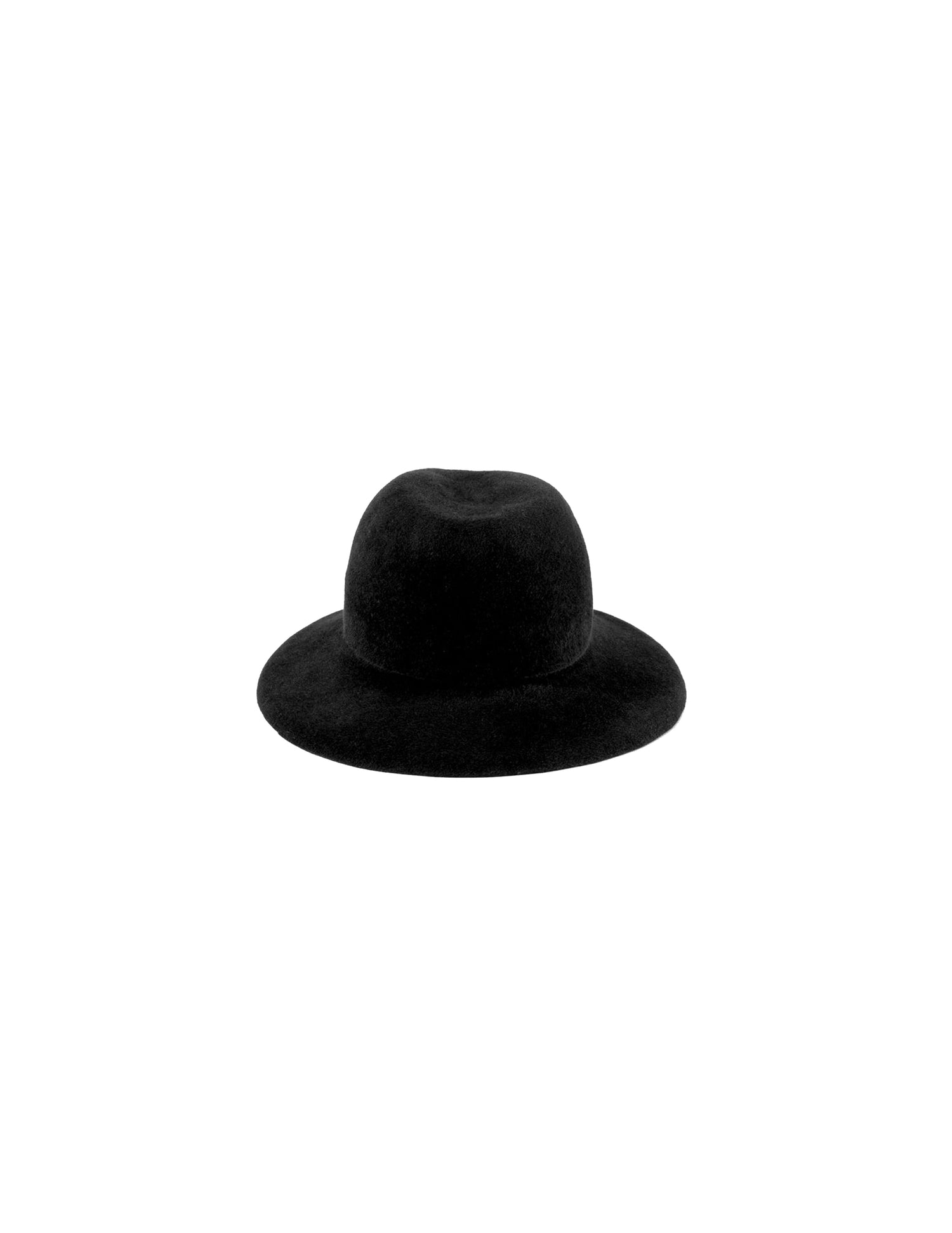 A black fedora hat with a center-dent crown and a sloping brim on a plain background.
