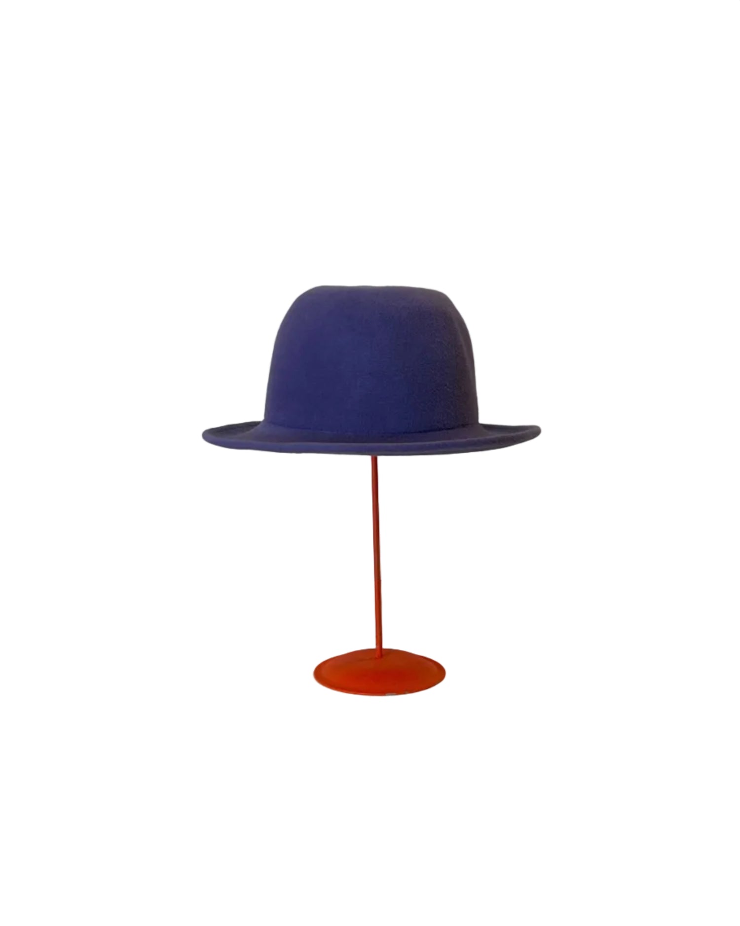 Purple Bowler hat on a red stand against a white background