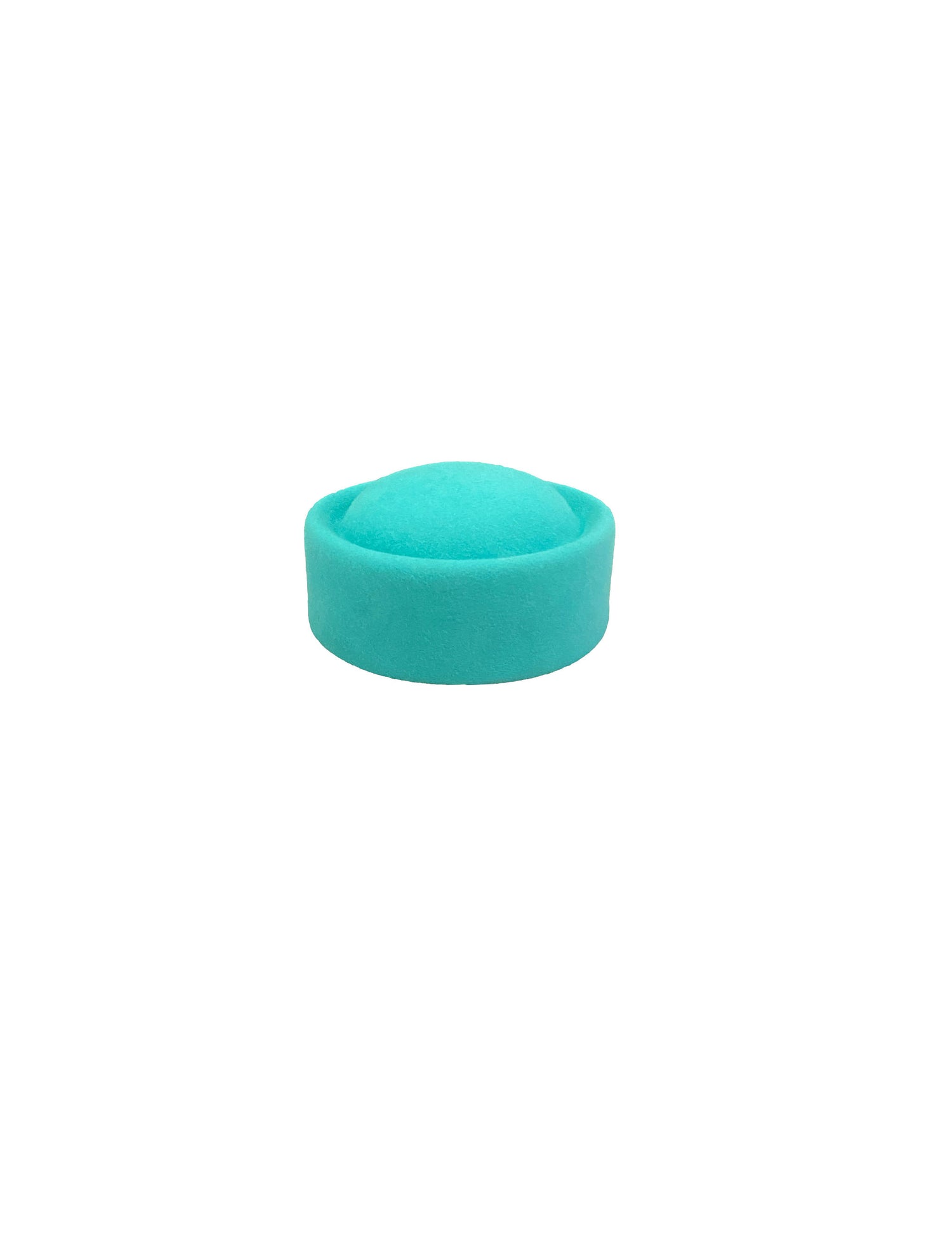 Turquoise round-shaped felt hat on a white background