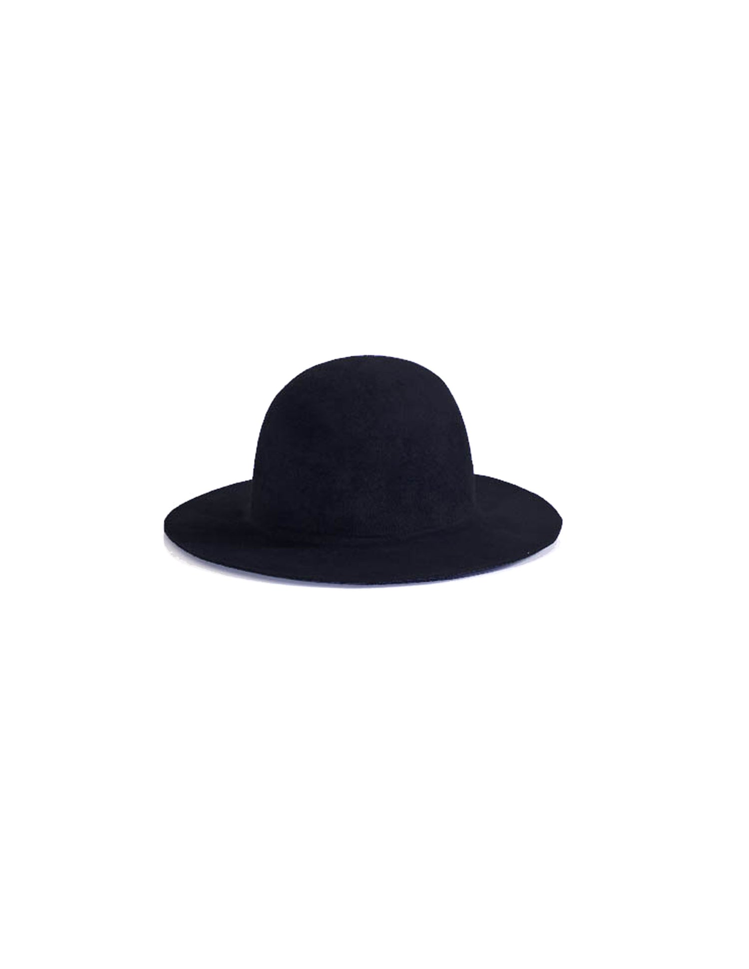 A black felt hat with a flat brim and round crown.