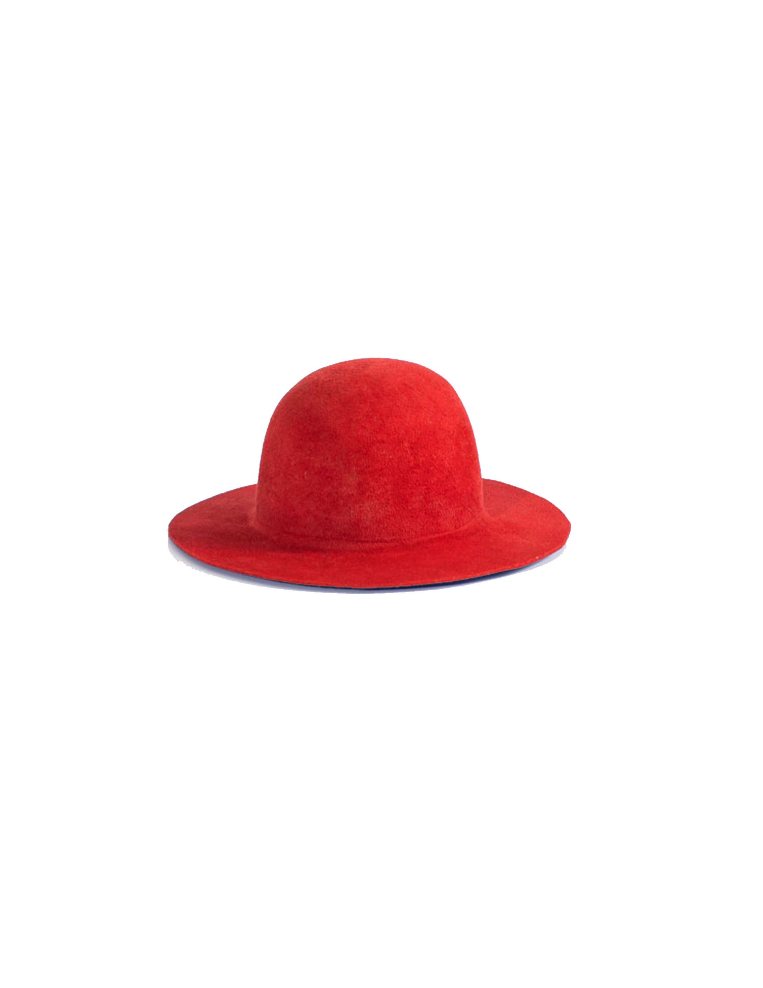 A red felt hat with a flat brim and round crown.