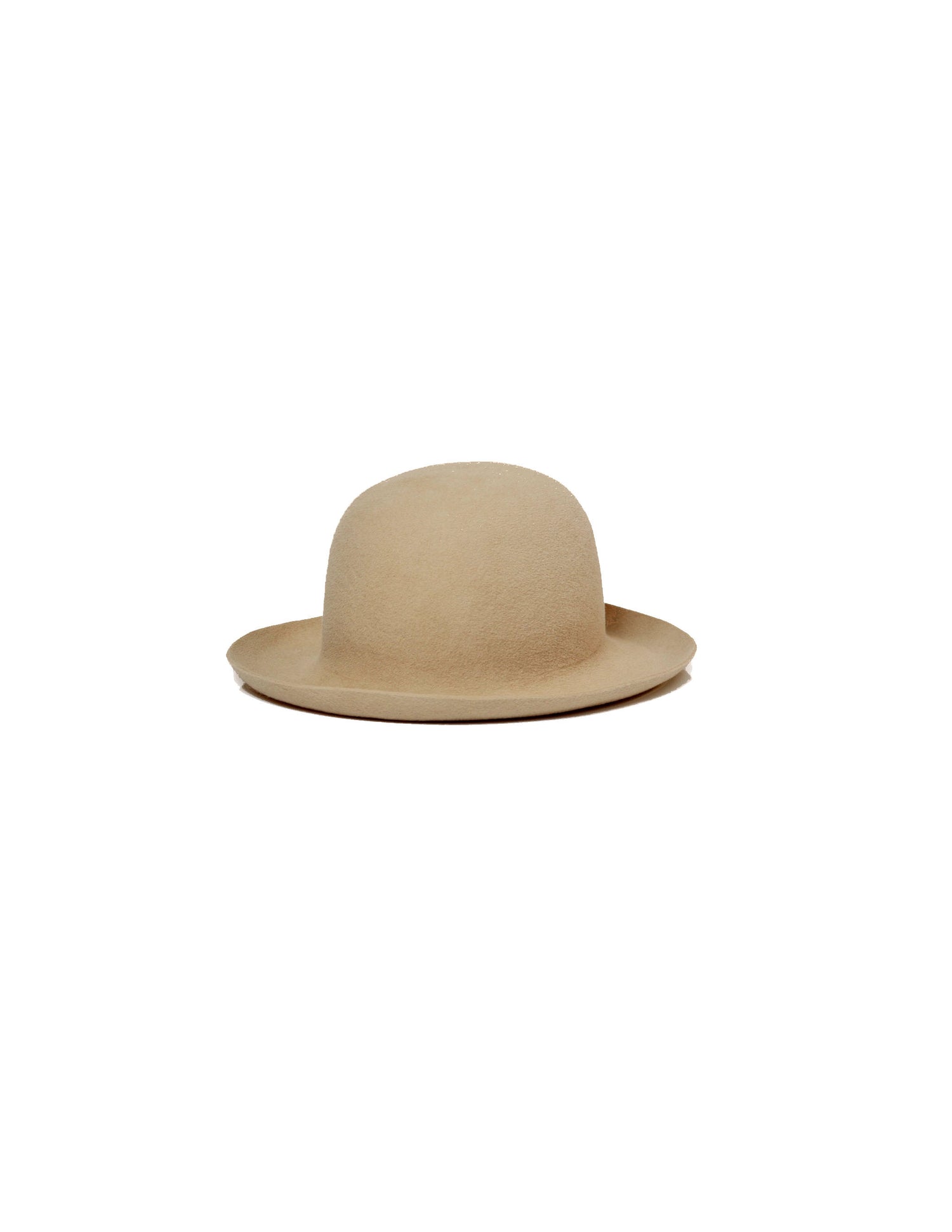 A beige felt hat with a round crown and curved brim.