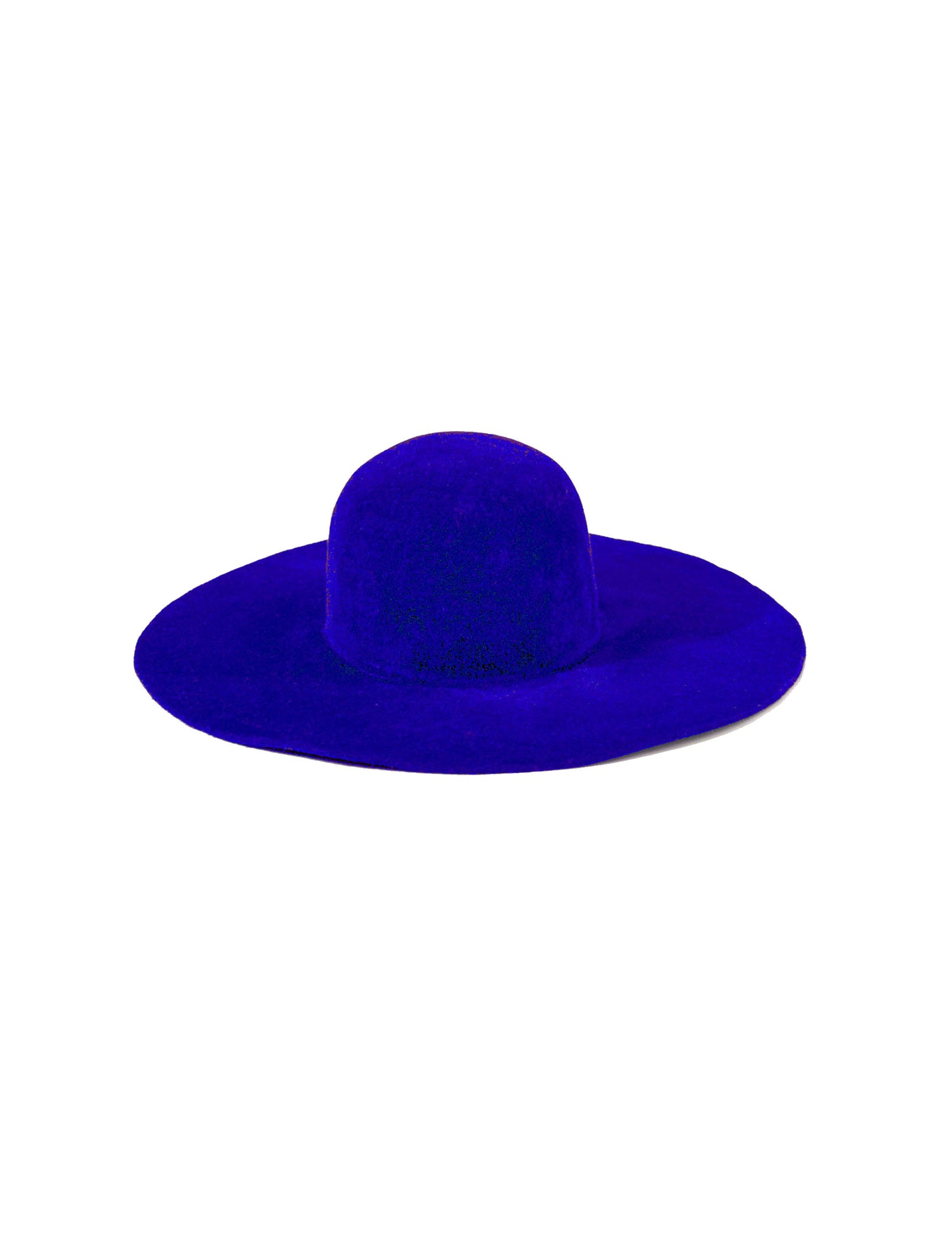 Electric blue round flat hat with a wide brim and a round crown.