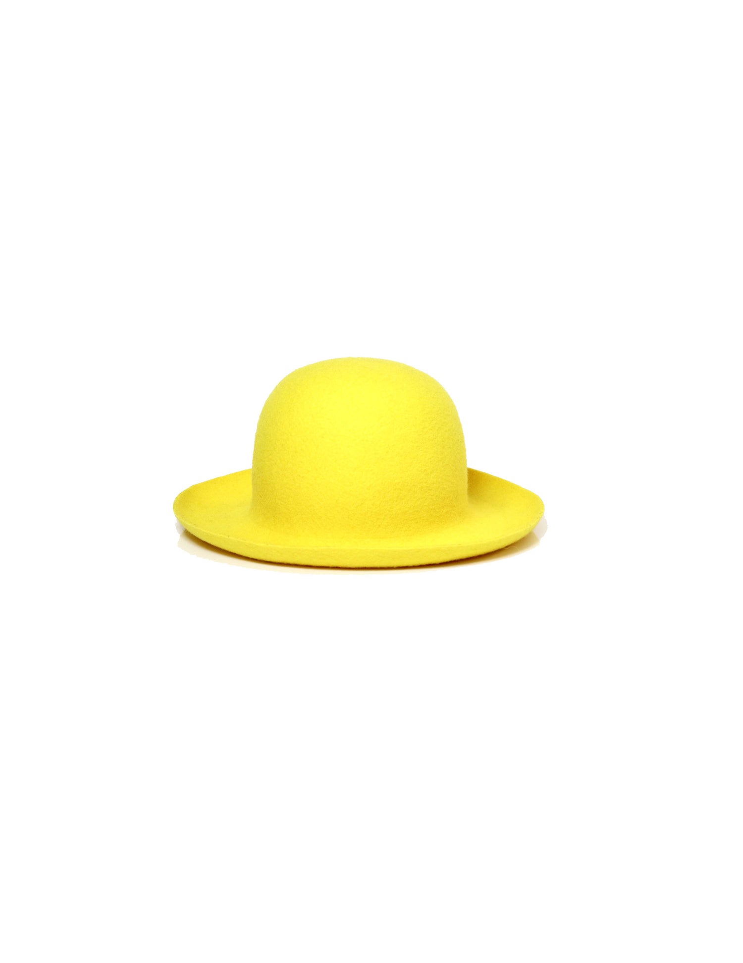 A yellow felt hat with a round crown and curvy brim.