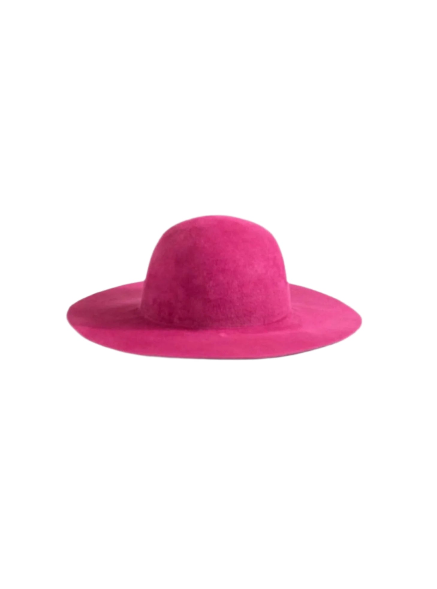 A pink round flat hat with a 10 cm wide brim and a round crown.