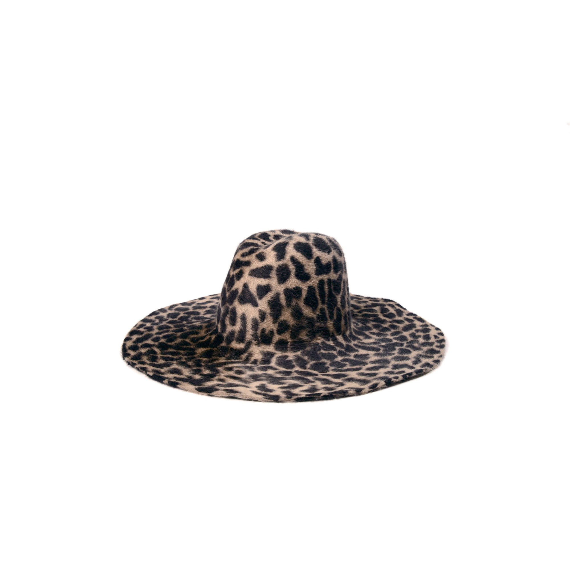 Leopard print felt hat with wide brim.
