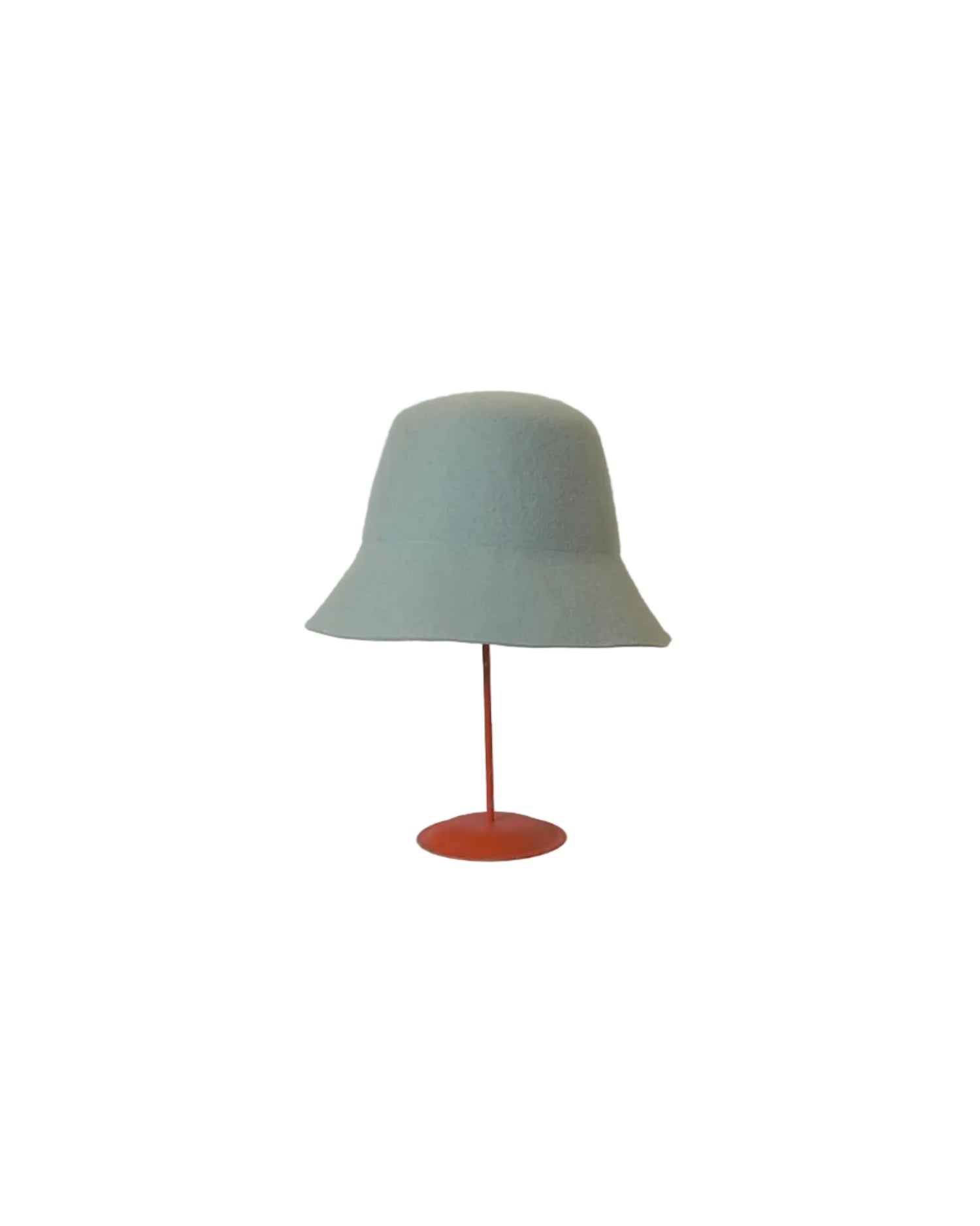Blue Bucket Hat on a red stand against a white background