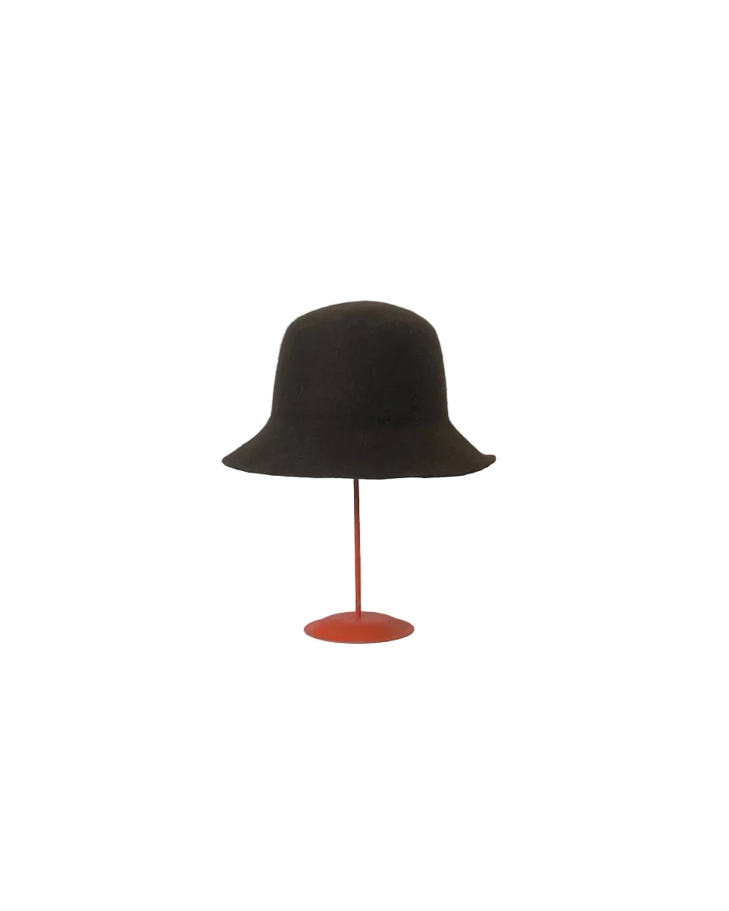 Brown Bucket hat on a red stand against a white background